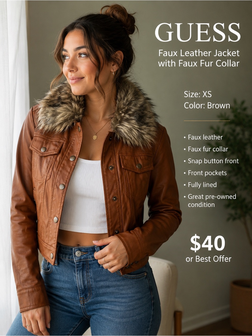 GUESS Brown Faux Leather Jacket with Faux Fur Collar